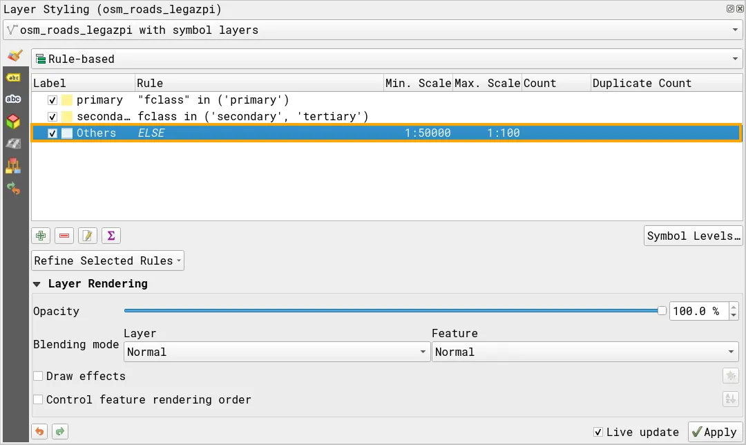 Adding the minimum scale and maximum scale parameters to the rule based symbology for roads
