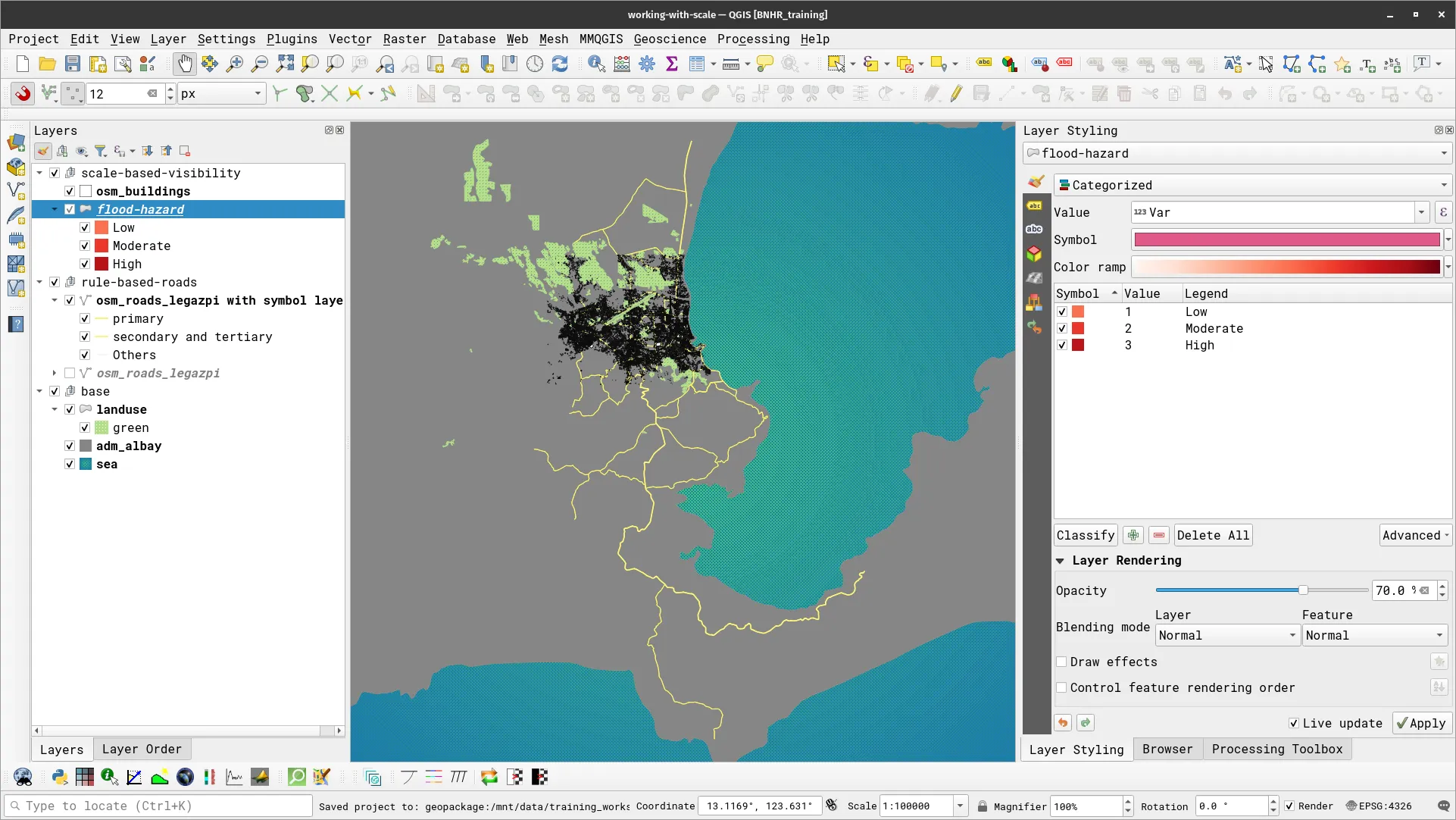 At 1:100,000 scale, the other roads and flood hazard do not appear on the map canvas even if they are visible based on the Layers panel