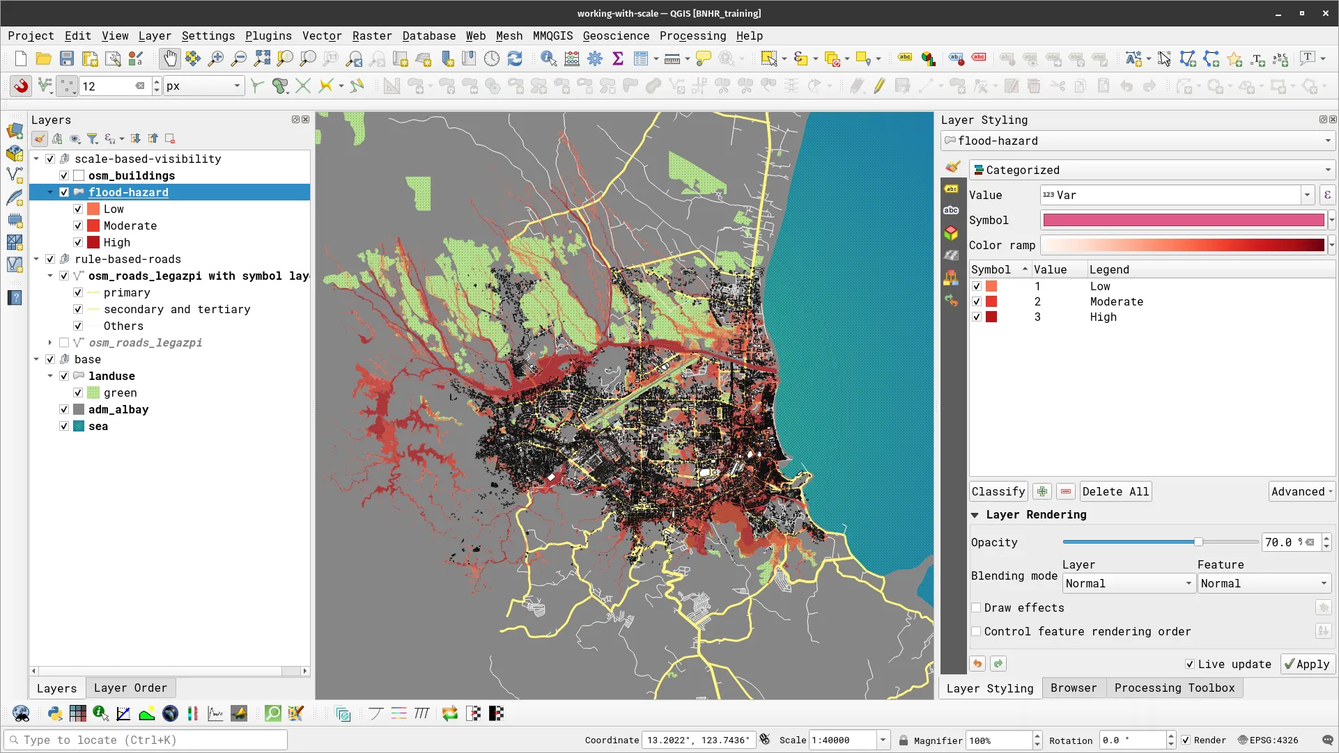 At 1:40,000 scale, the other roads and flood hazard both appear on the map canvas