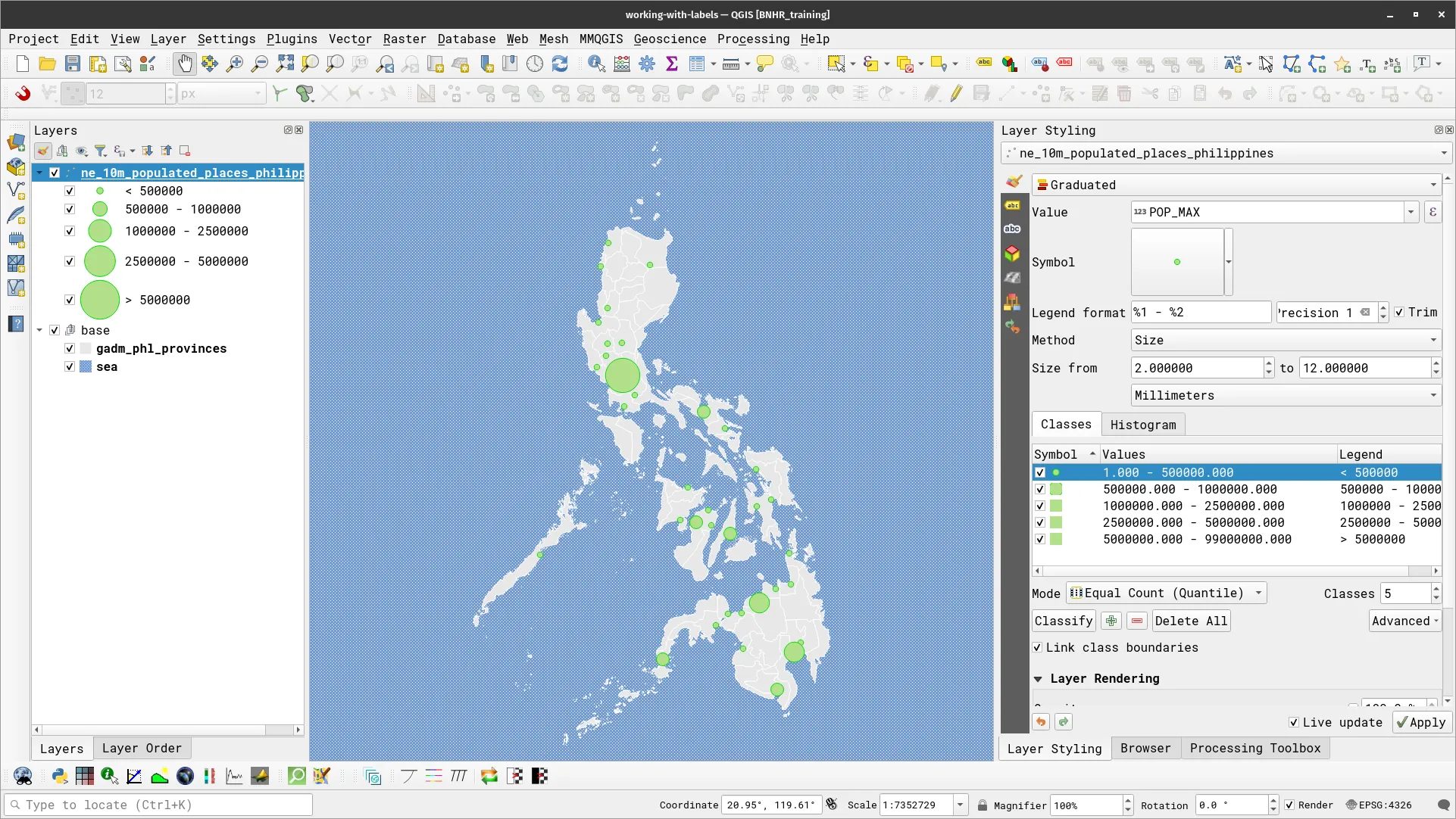 The populated places layer styled