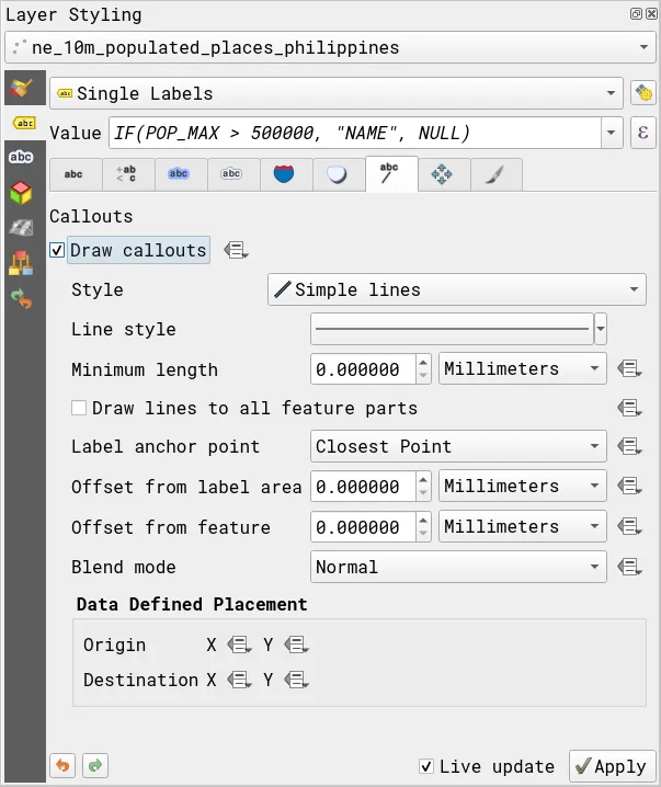 Editing Callouts in the Labels tab