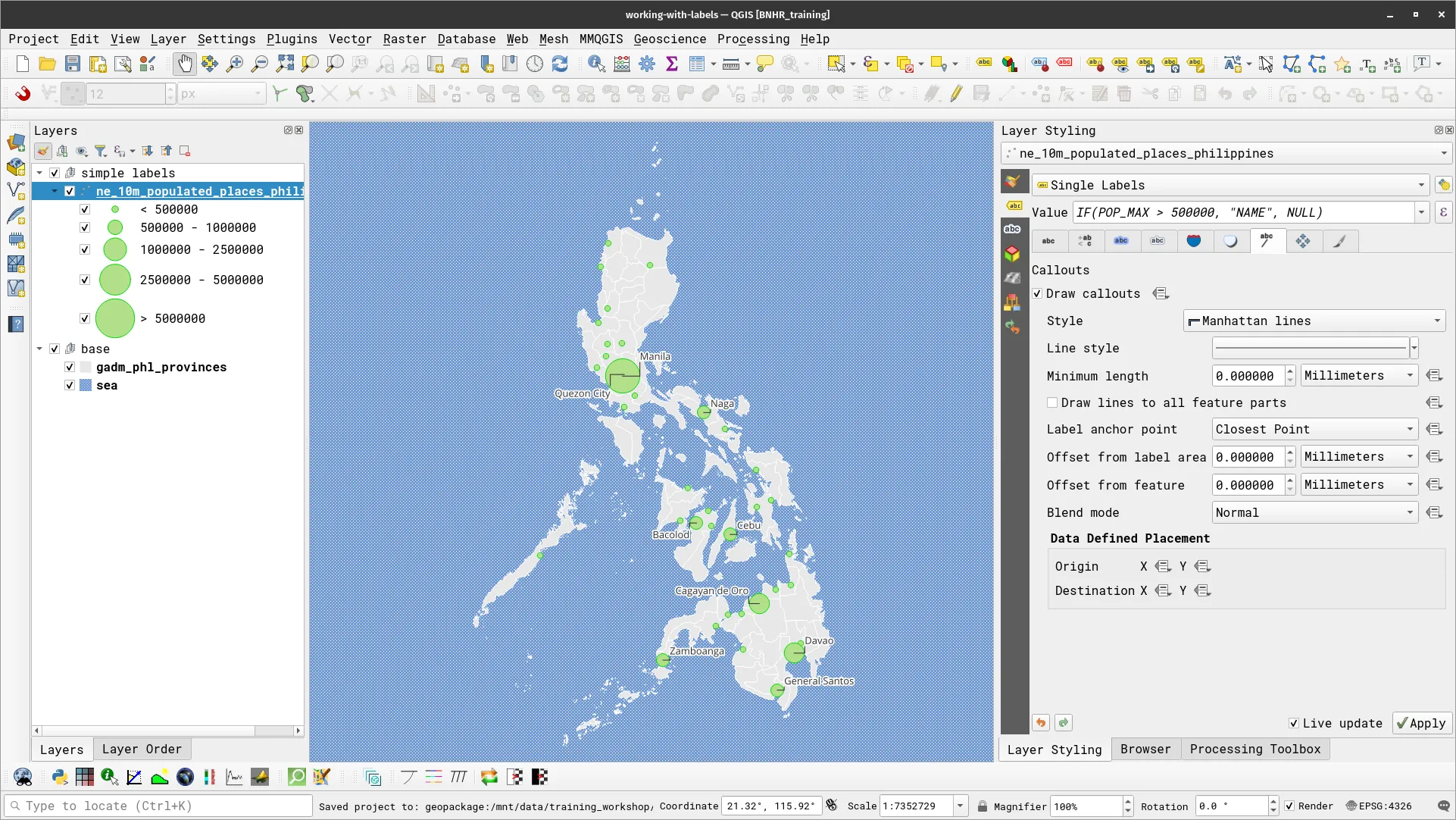 The map labels using Manhattan lines callout