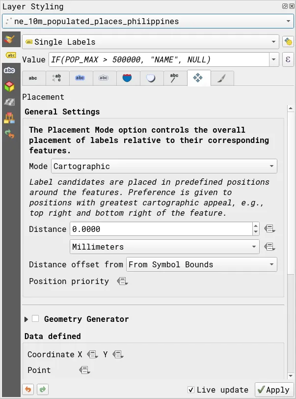 Placement tab where you can edit the placement of labels