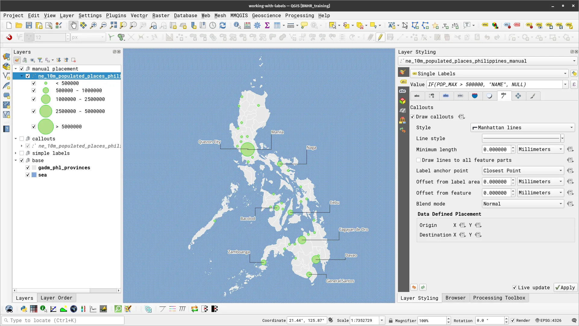 Labels manually placed on the map
