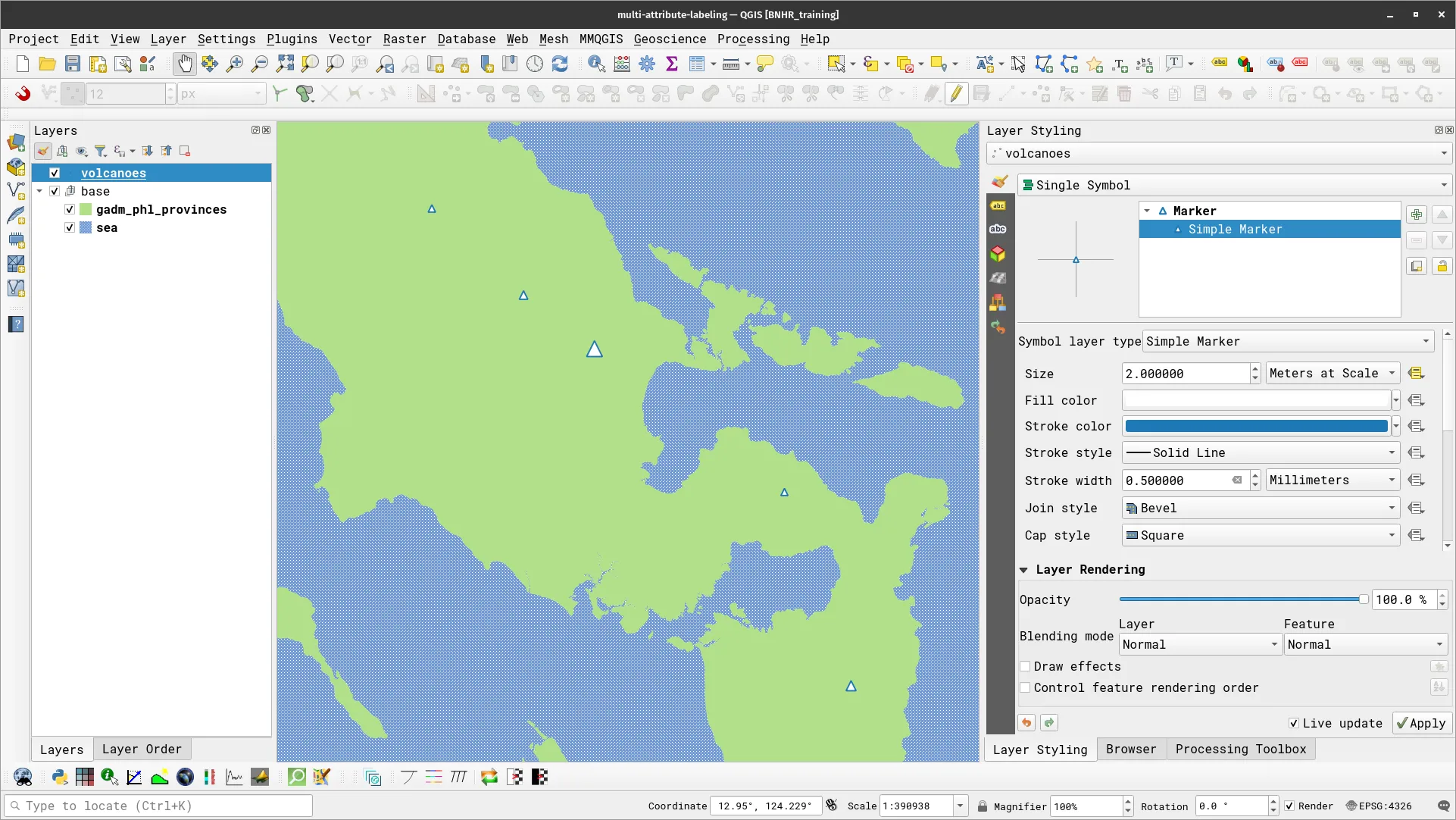 The volcanoes layer styled with a data-defined size parameter