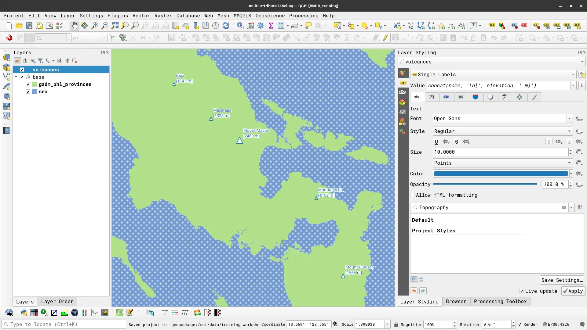 Volcanoes layer with default label