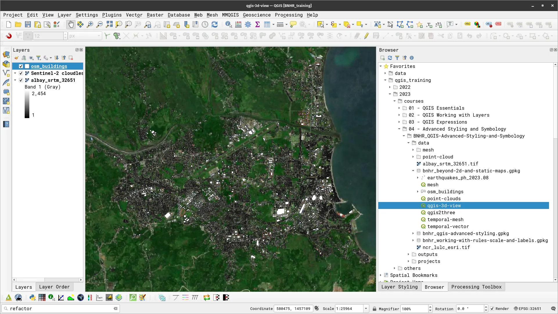 osm_buildings, albay_srtm_32651, and satellite imagery layers loaded in QGIS