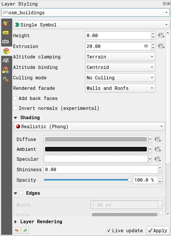 Parameters for 3D view of the osm_buildings layer