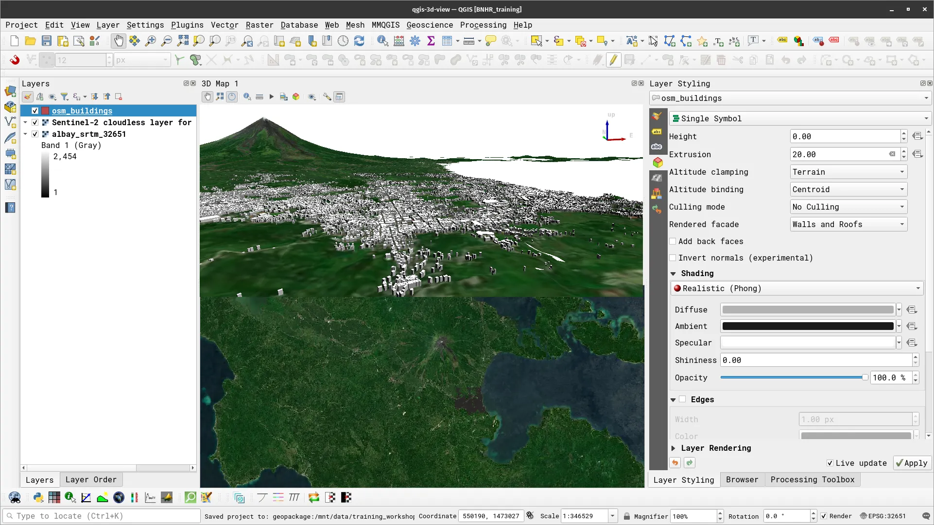3D view using albay_srtm_32651 DEM as the terrain and with osm_buildings extruded