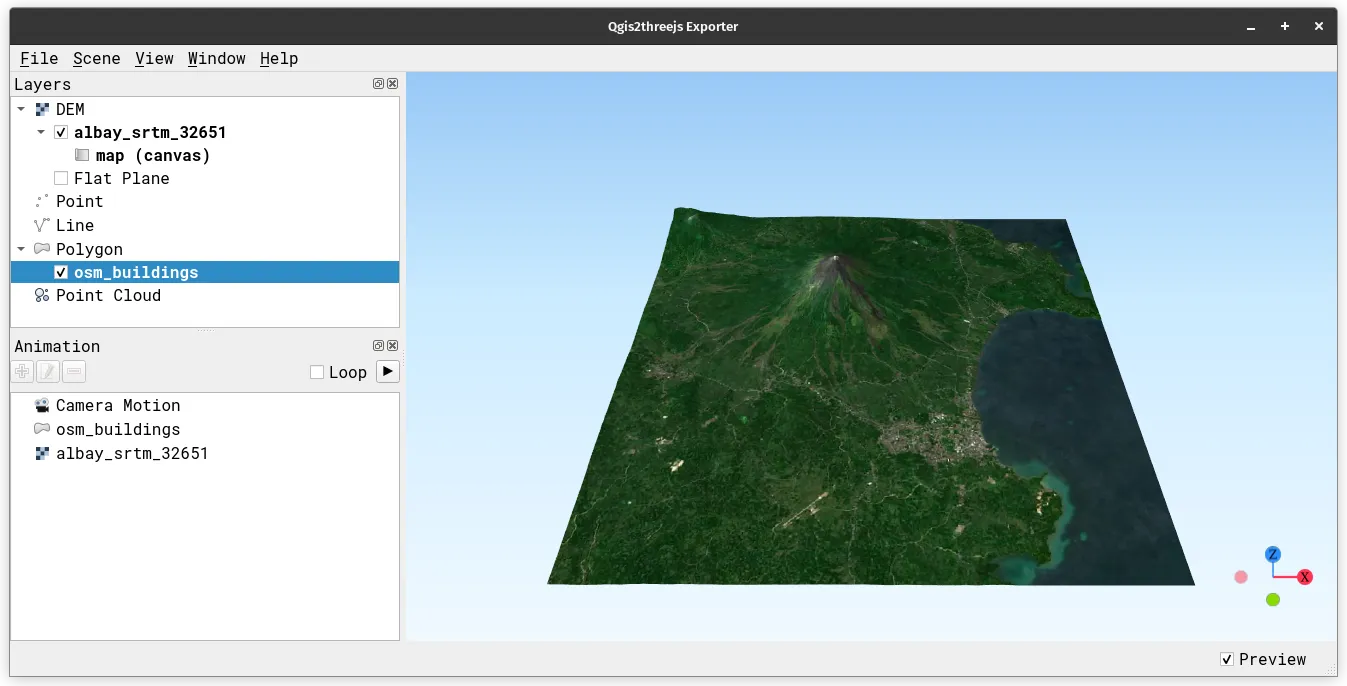 Preview of albay_srtm_32651 and osm_buildings
