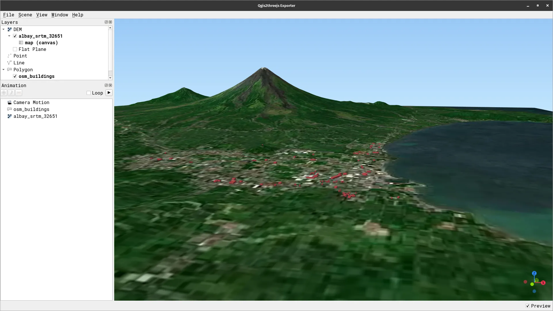3D preview using Qgis2threejs plugin