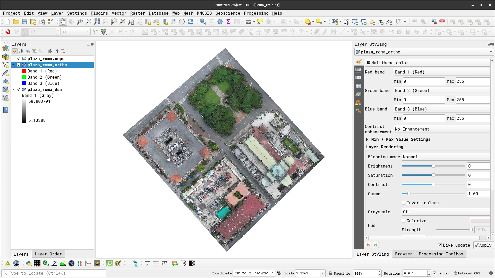 plaza_roma point cloud loaded in QGIS