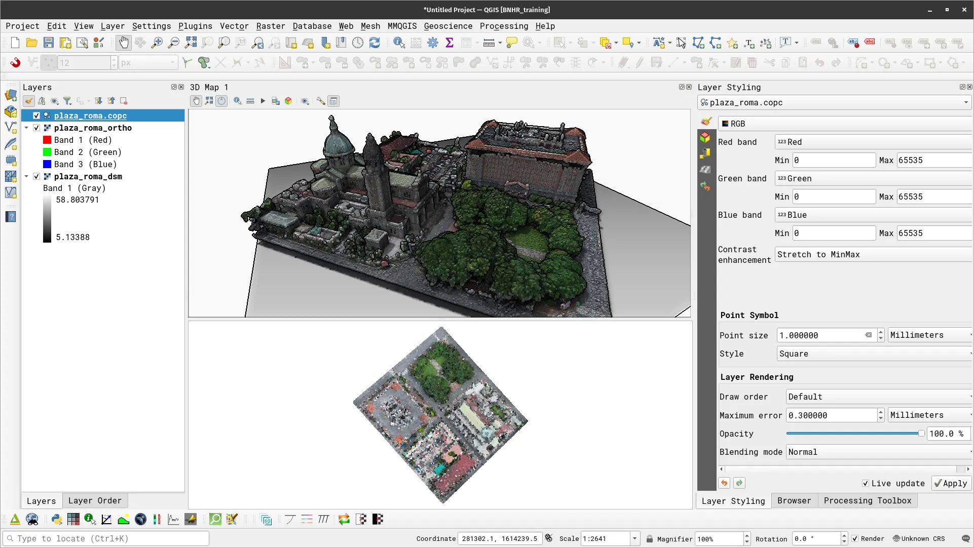 Plaza Roma point cloud with shadows, EDL, and ambient occlusion