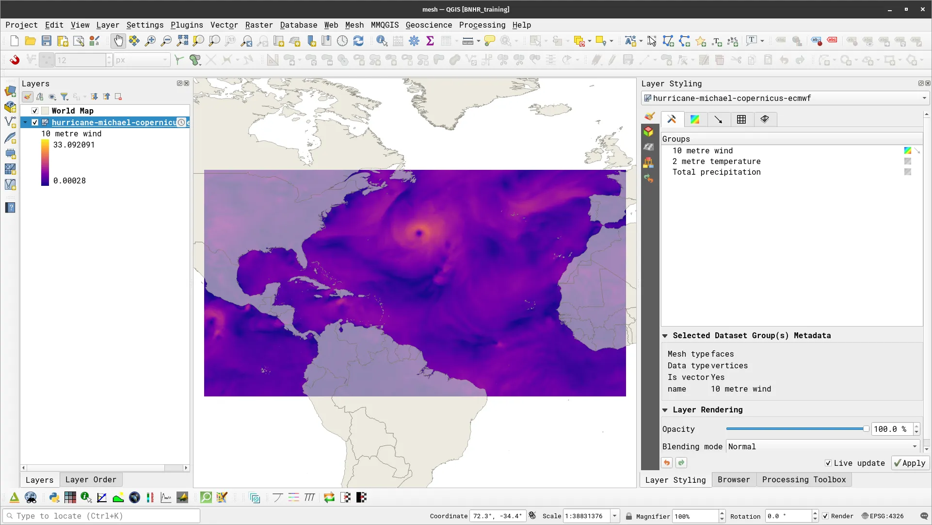 Hurricane Michael mesh data loaded in QGIS