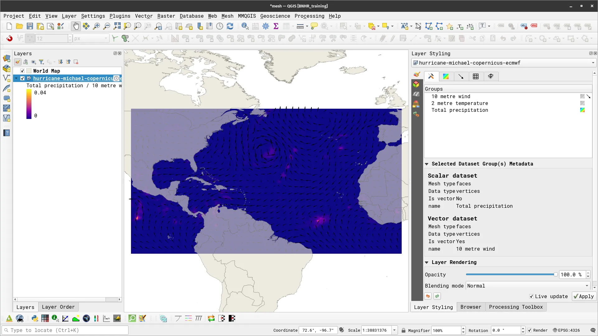 Visualization showing the total precipitation and 10 meter wind vectors