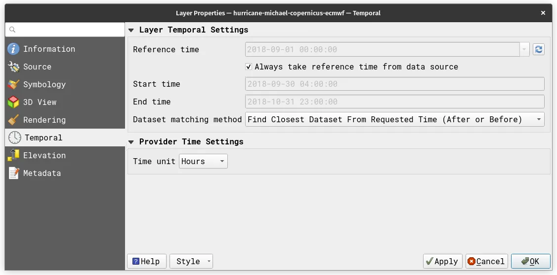 Temporal settings for hurricane michael mesh data