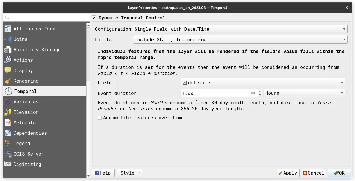 Temporal parameters for the earthquake layer