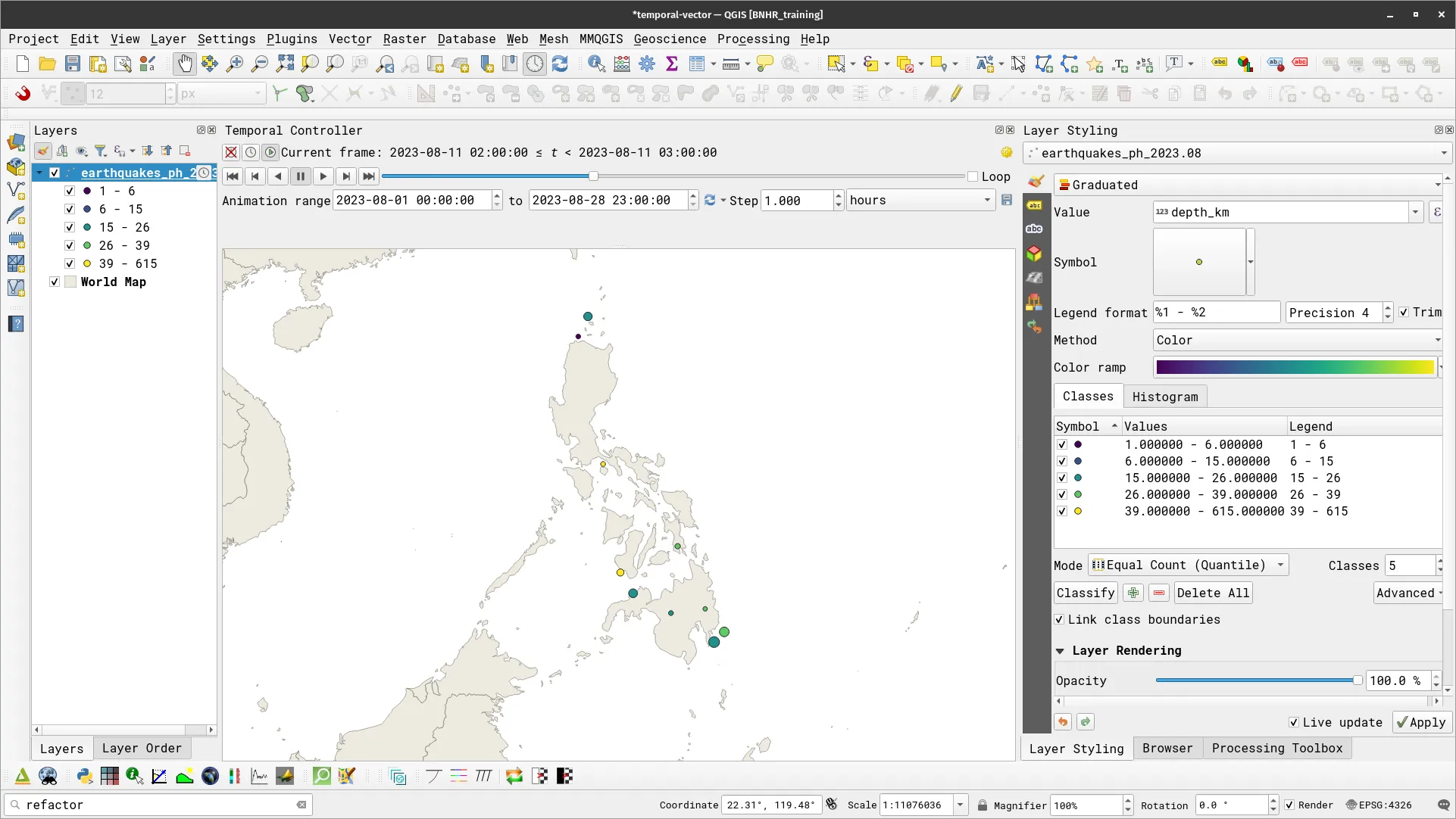 The Temporal Controller showing a "snapshot" of the data for the specific time
