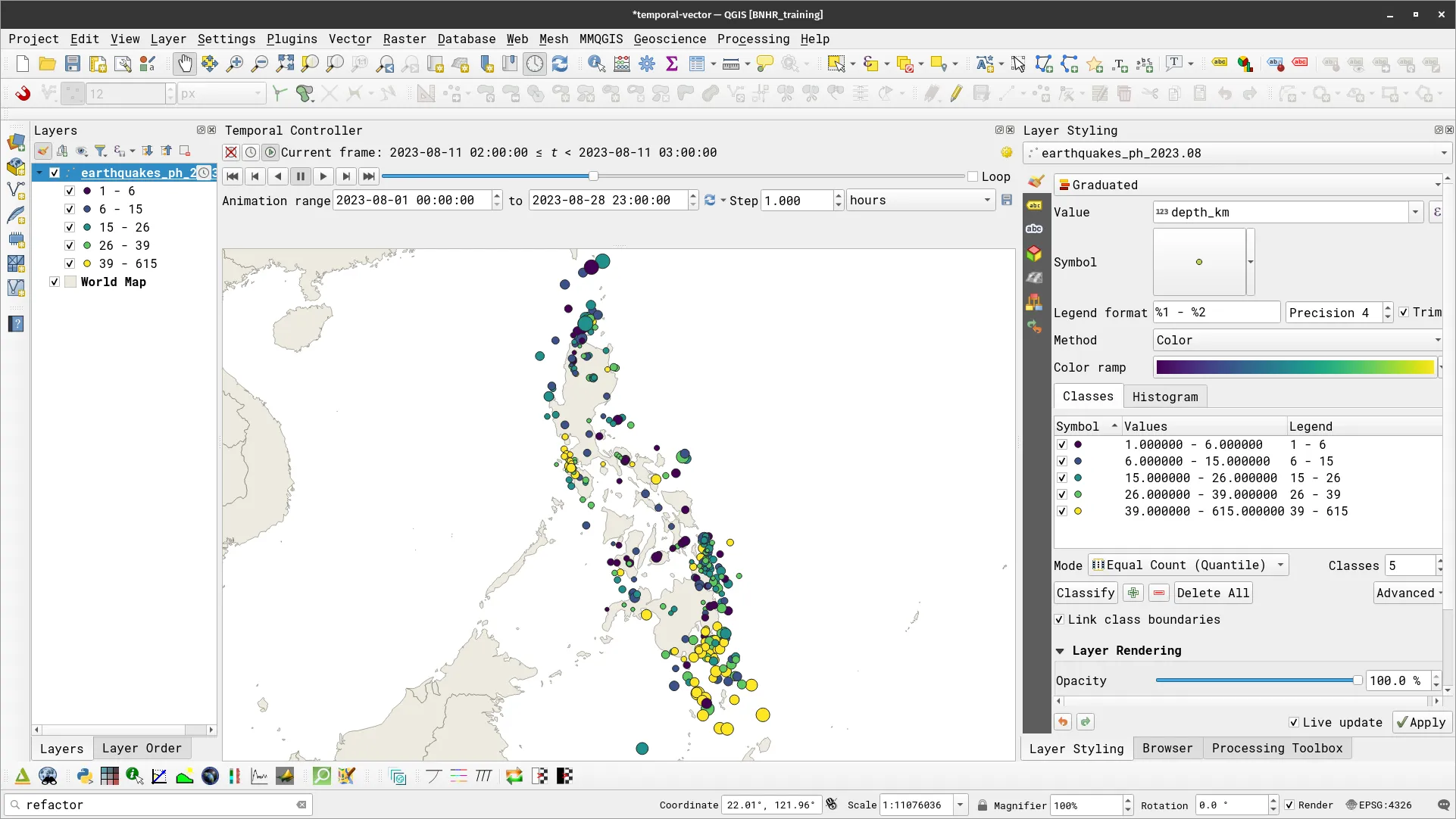 The Temporal Controller showing a accumulation of the data (earthquakes) over time