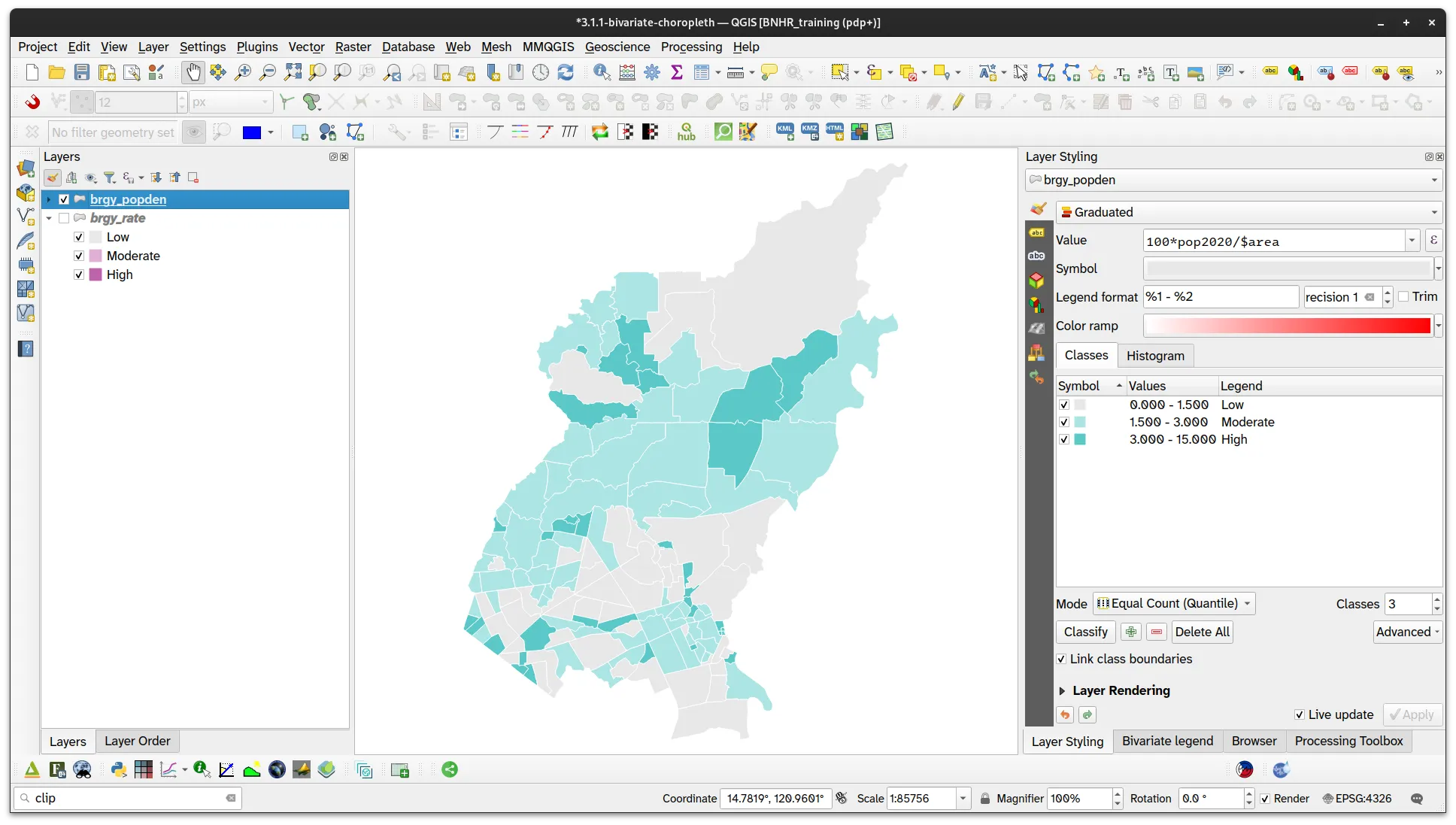 Choropleth map for the brgy_popden layer