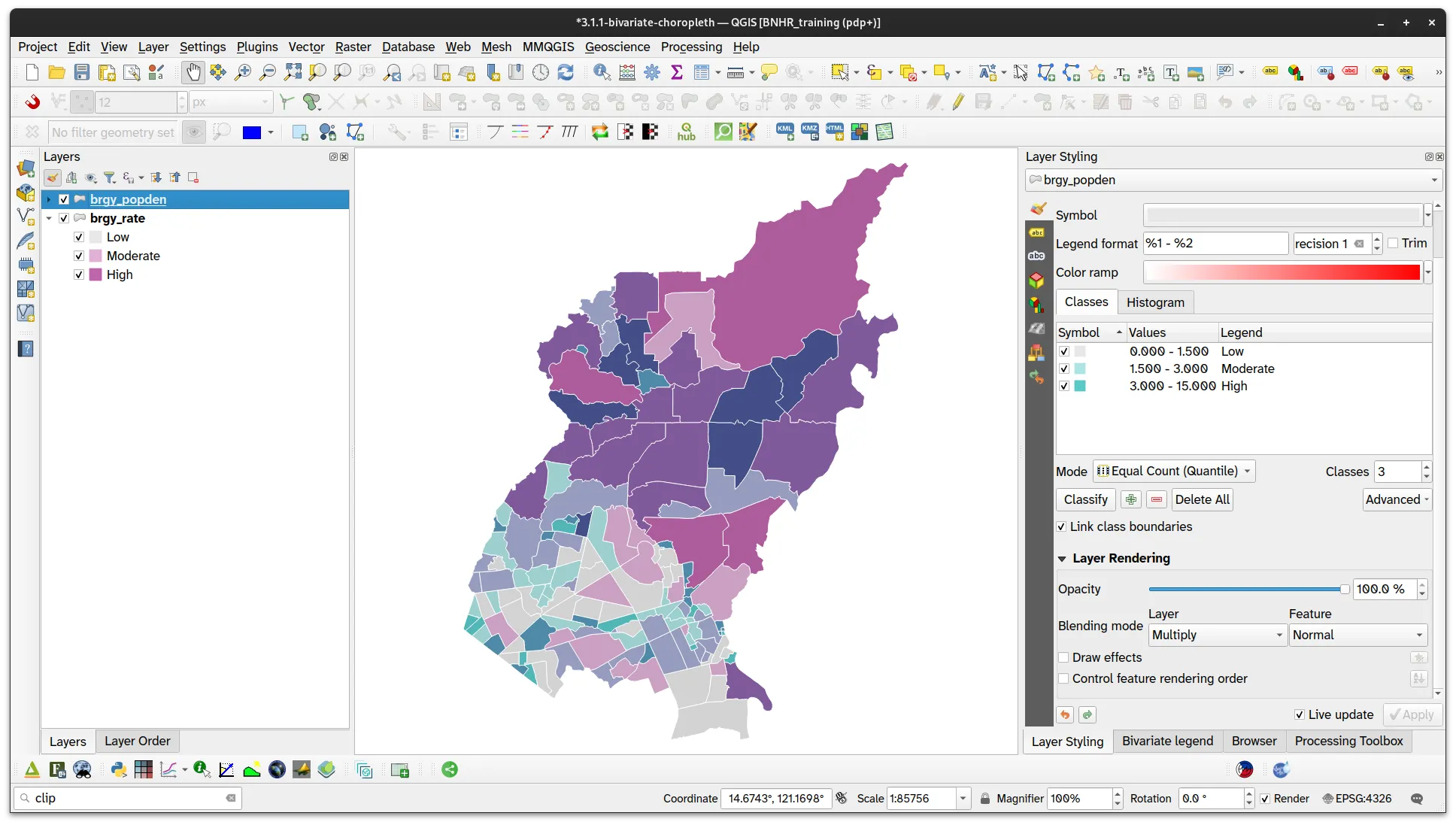 Bivariate choropleth of the population growth (2000-2020) and population per 100sqm in Quezon City barangays