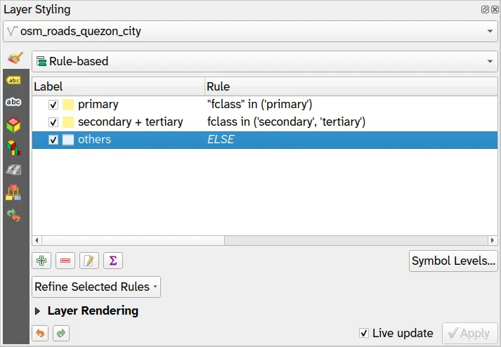 Rules for primary, secondary + tertiary, and other roads