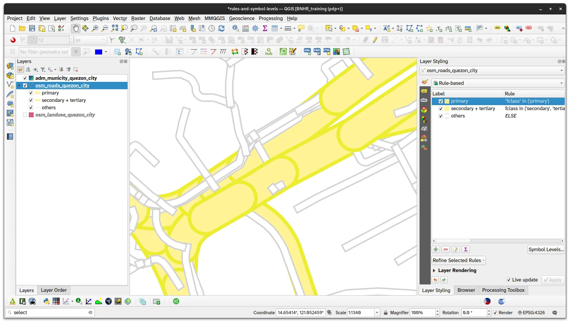 Zoomed in road layer. Notice the poor overlapping of the different features and symbols.