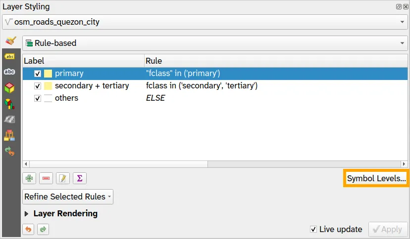 Opening the Symbol Levels dialog