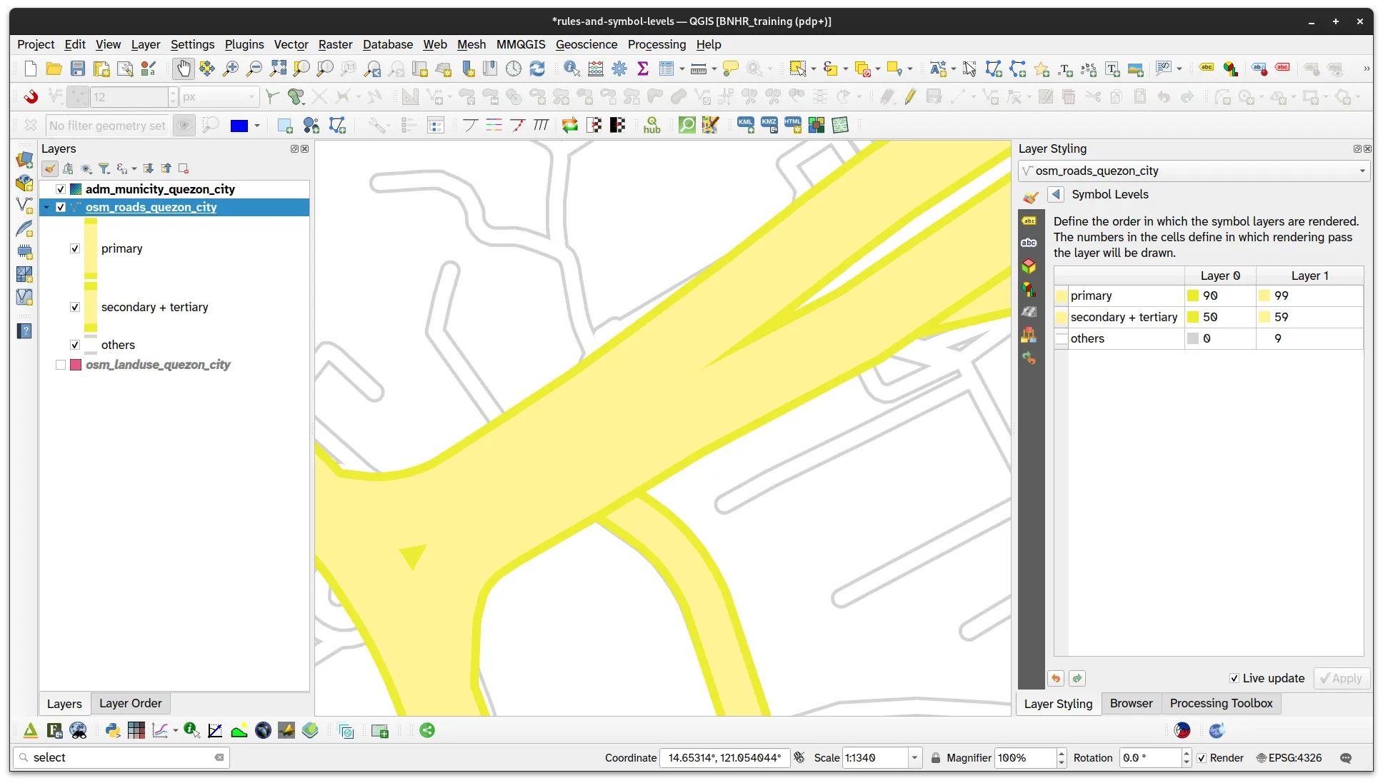 Properly configured symbol levels for roads