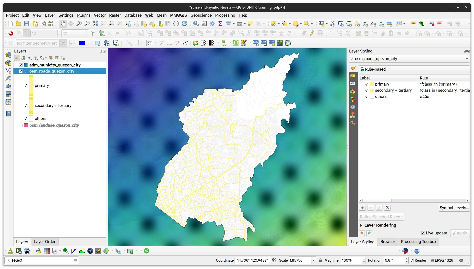 Road network data styled using rule-based symbology with symbol levels applied