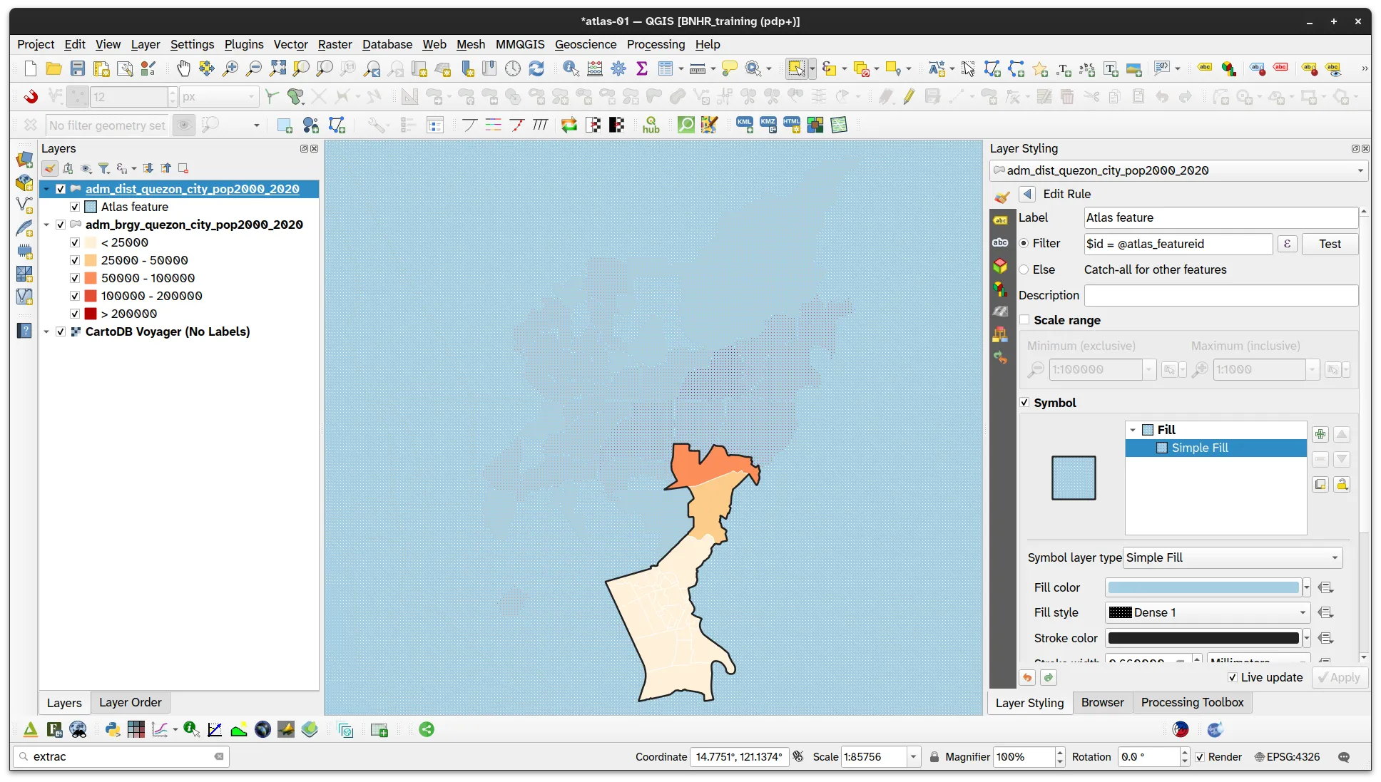The districts layer covering the other features outsidethe current atlas feature