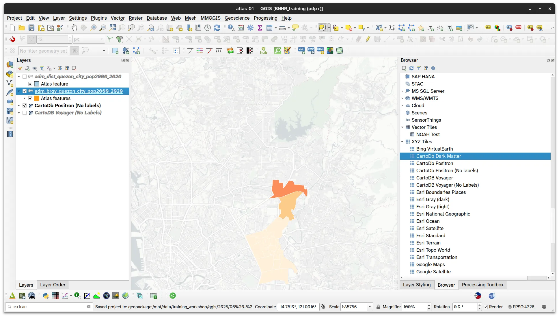 Map showing only the barangays within (spatially) the current atlas district (region)