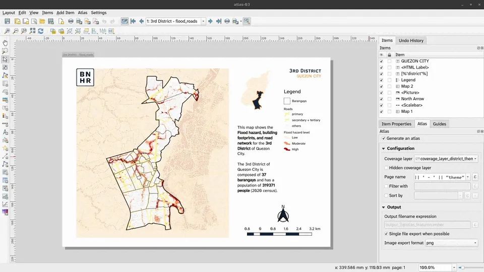 Output for 3.3. Mapping population density, flood hazard, building footprints, and roads for all districts in Quezon City