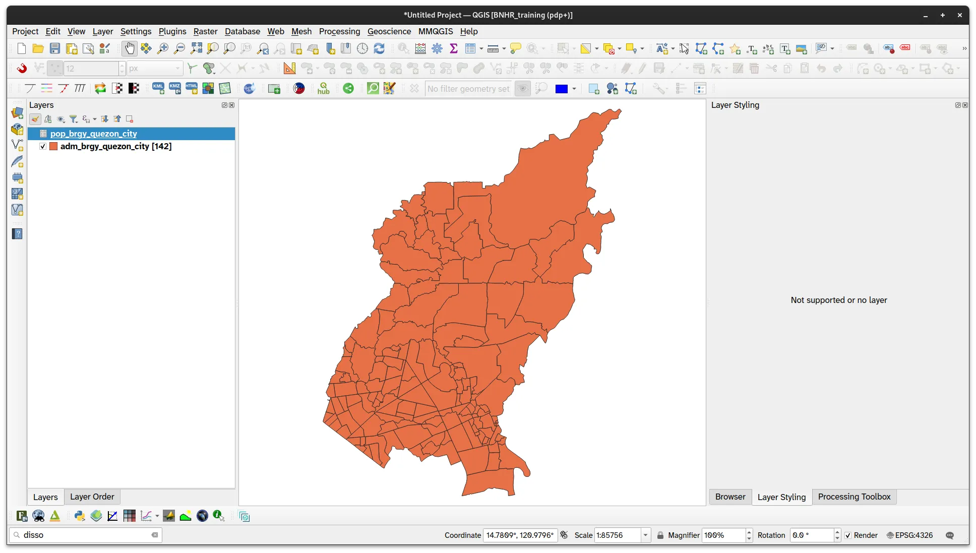 Quezon City barangay admin boundary and barangay population CSV loaded in QGIS
