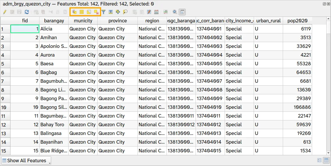 Selection options in the attribute table