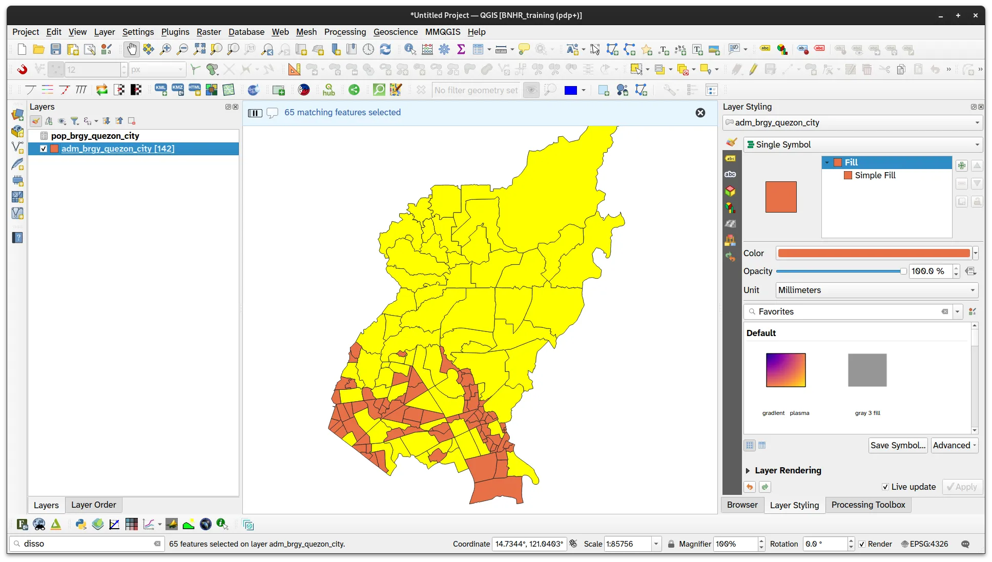 Selected barangrays with population in 2020 > 10,000 in the map canvas