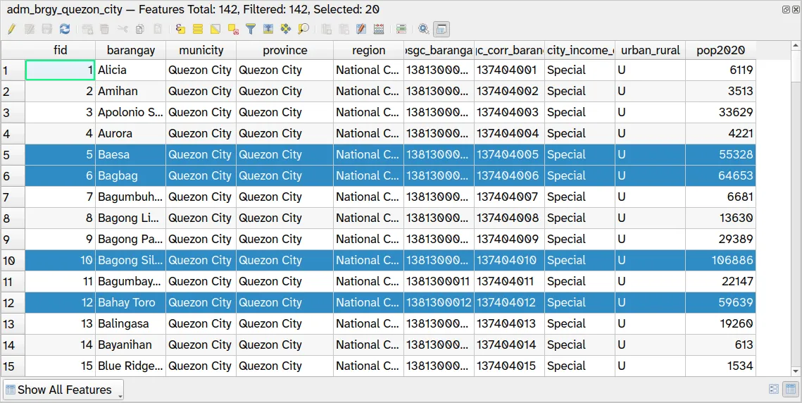 Selected barangrays with population in 2020 > 50,000 in the attribute table