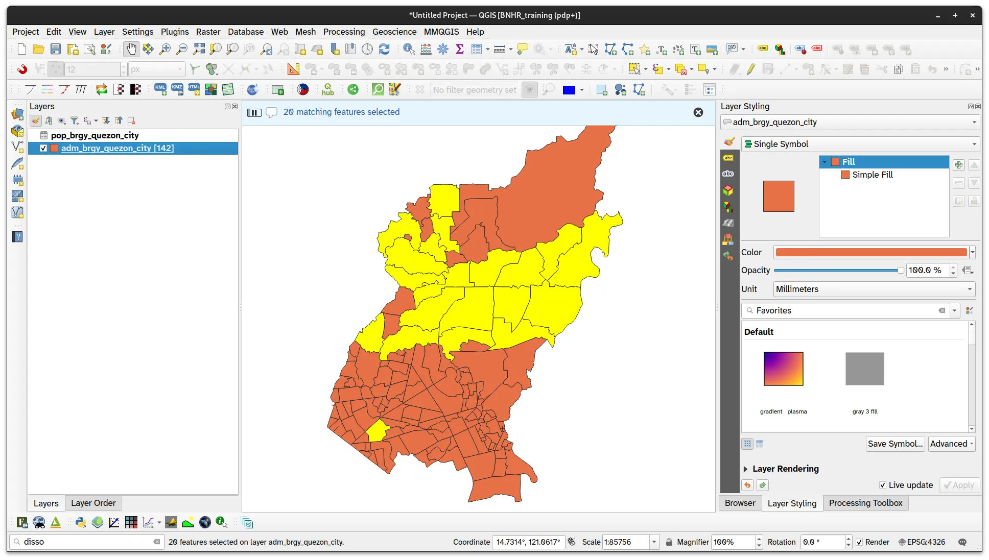 Selected barangrays with population in 2020 > 50,000 in the map canvas