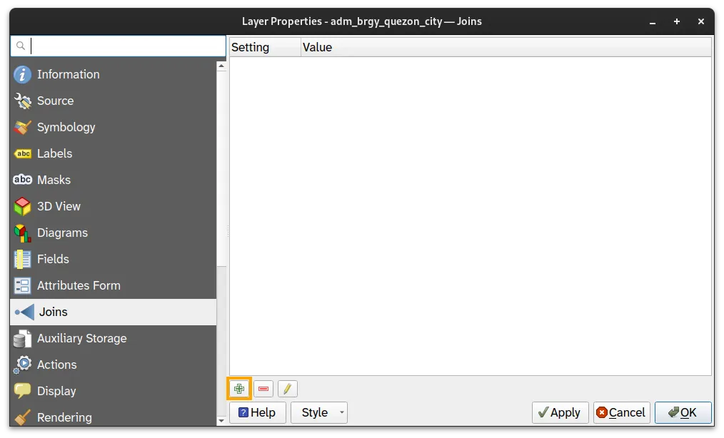 Joins tab in the Layer Properties of adm_brgy_quezon_city