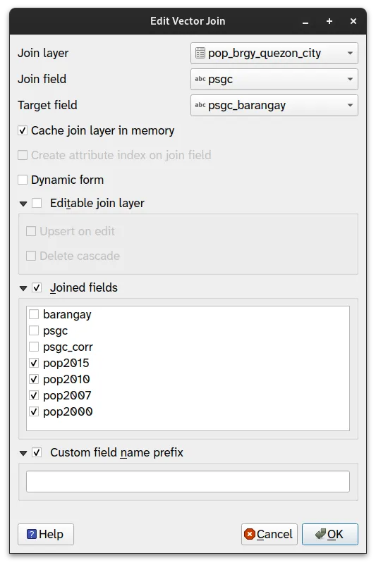 Parameters for joining the pop_brgy_quezon_city layer