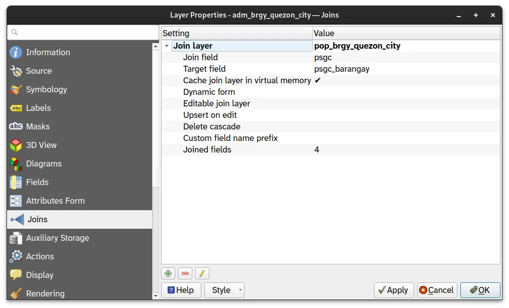 Parameters for joining the pop_brgy_quezon_city layer