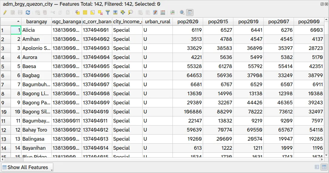adm_brgy_quezon_city with pop2010, pop2000, and pop1990 fields joined from the ncr_pop1990_2000 layer
