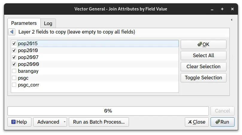 Layer 2 (pop_brgy_quezon_city) fields to copy parameters