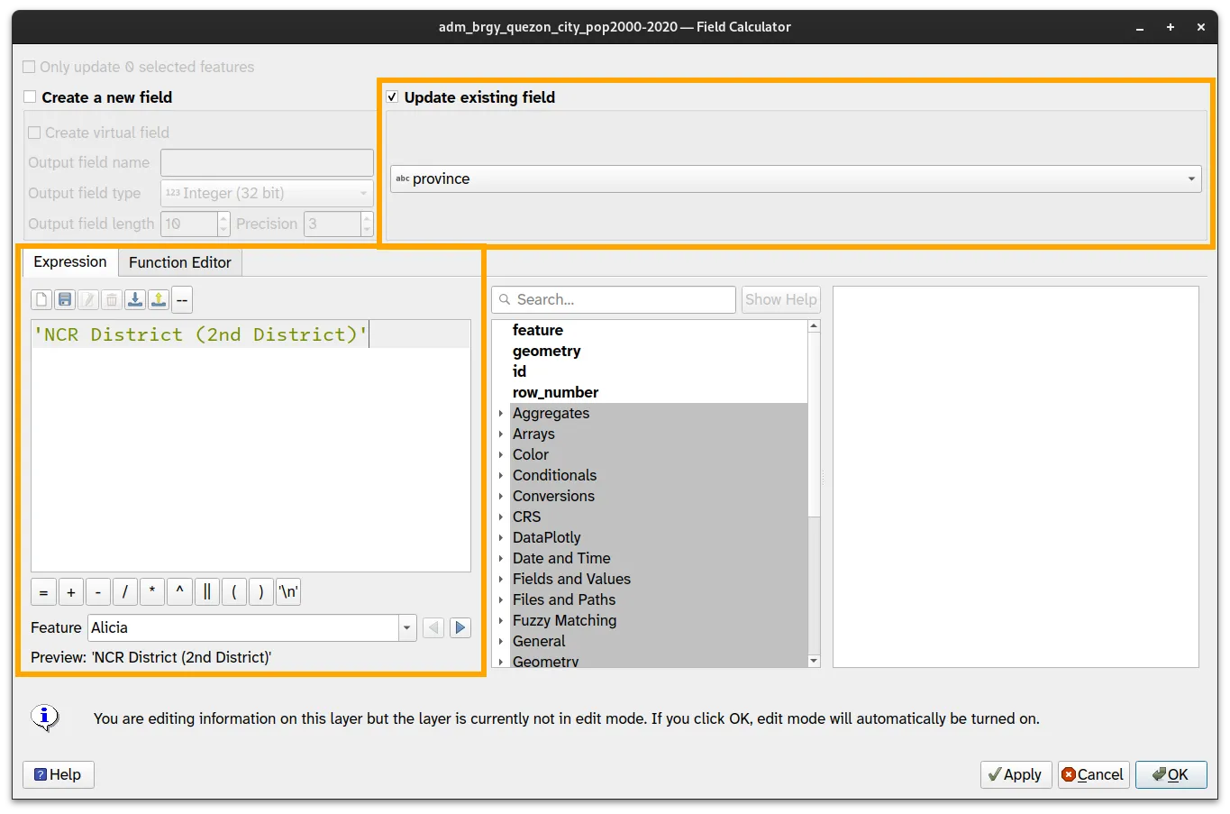Editing the province field using the Field Calculator