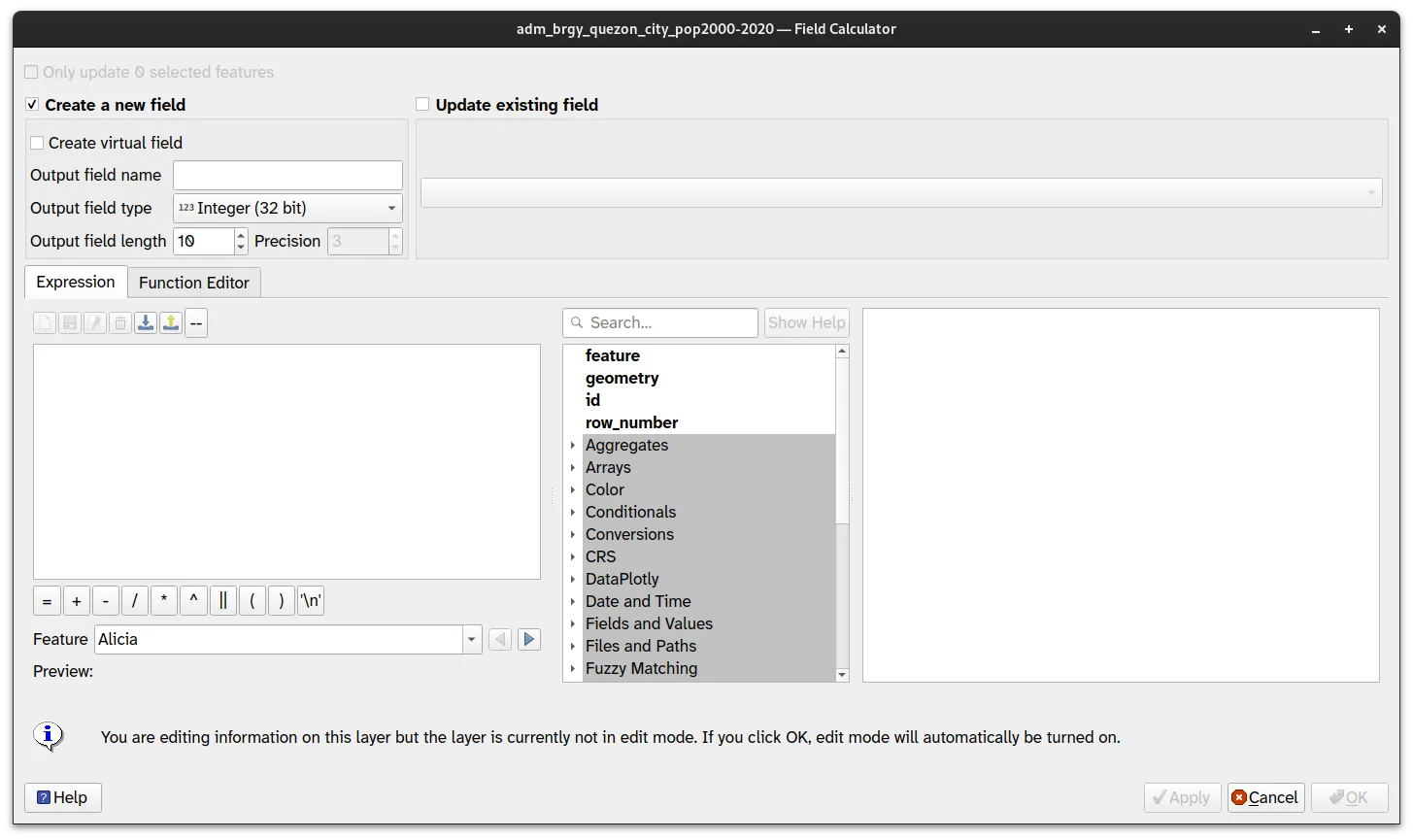 The Field Calculator dialog