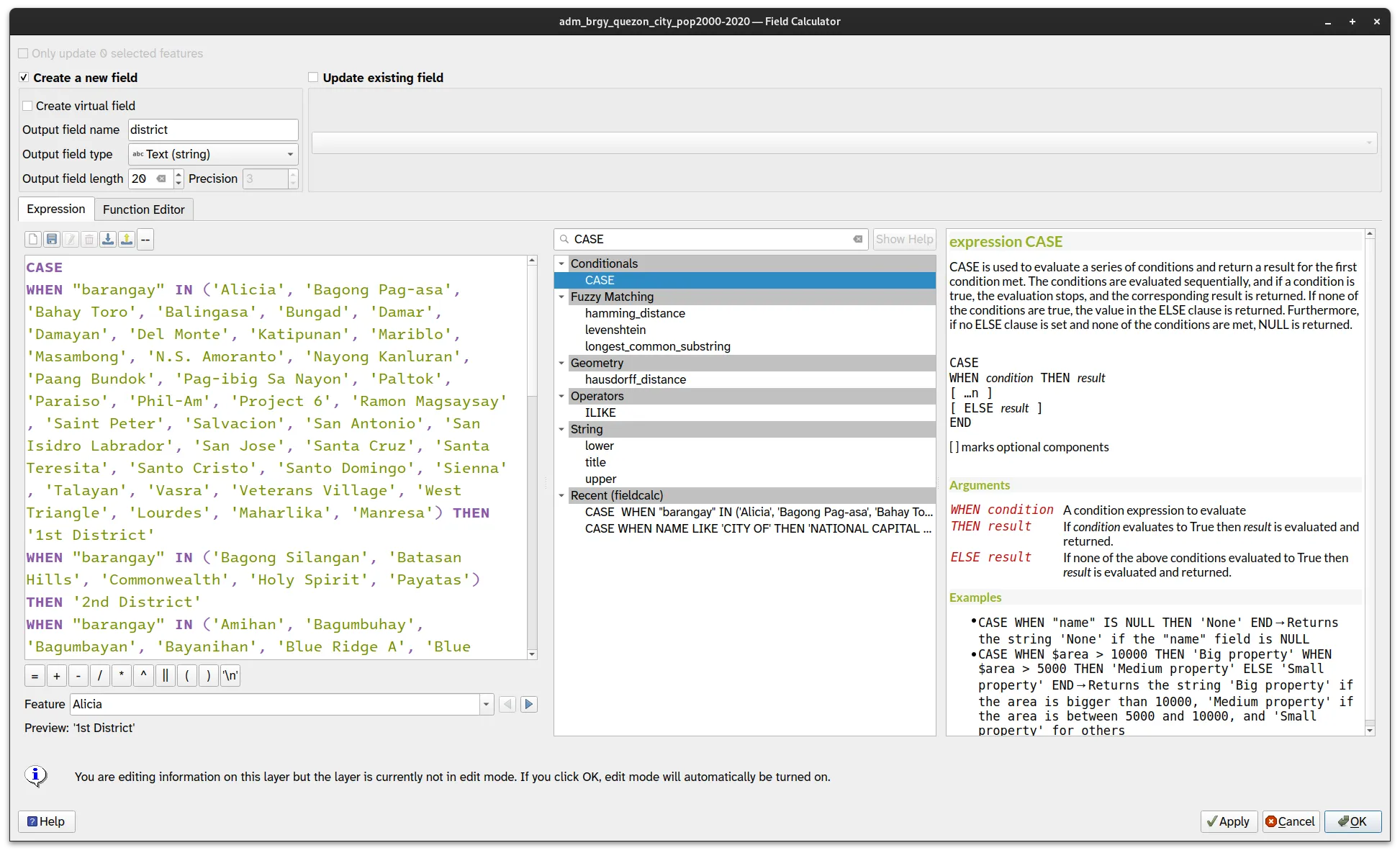 Creating the district field with the Field Calculator