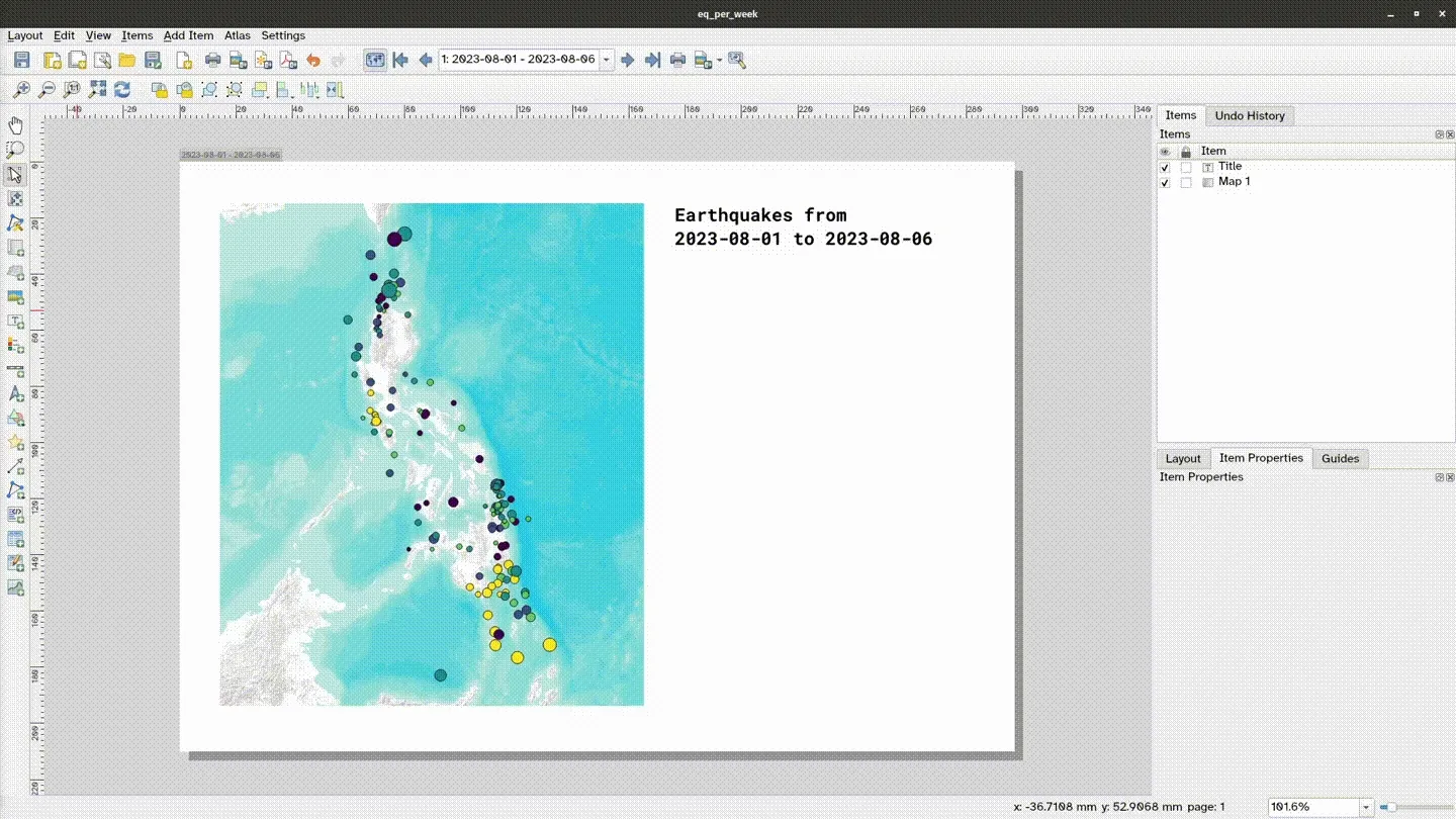 Output for Exercise 4.4. Using an atlas to map earthquakes over time