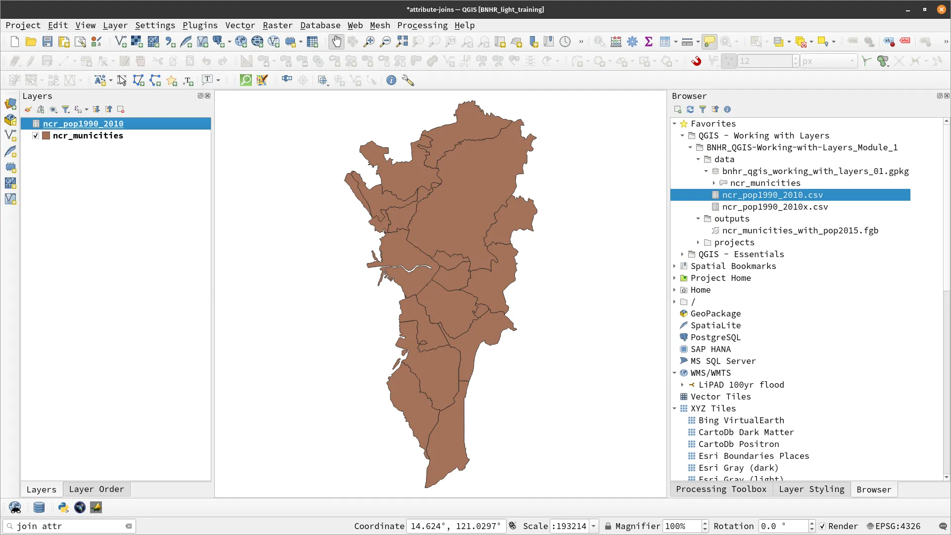 The ncr_municities and ncr_pop1990_2010 layers loaded in QGIS