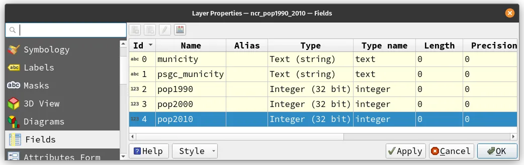 Field types for population csv