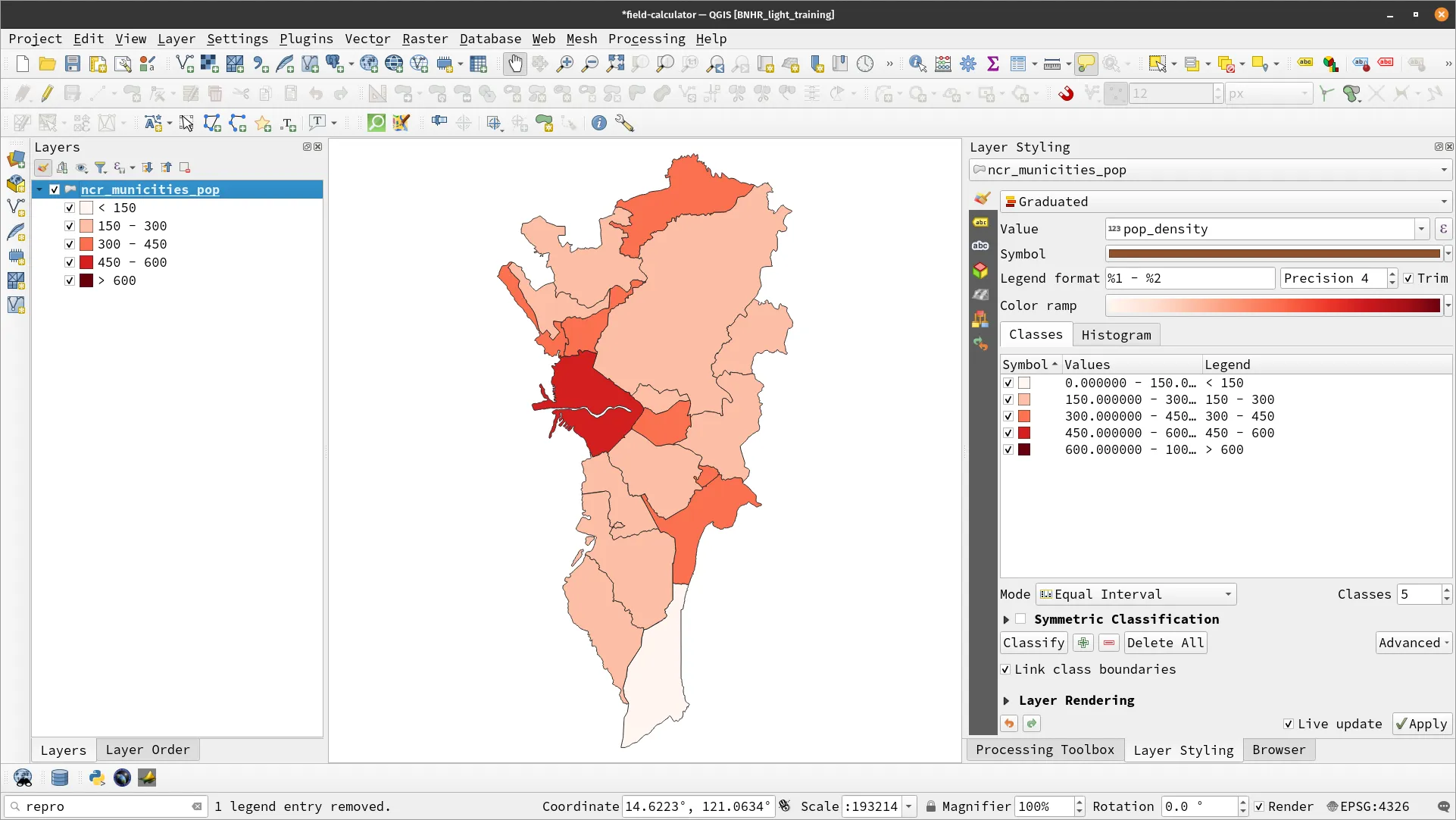 Layer styled using populatio density